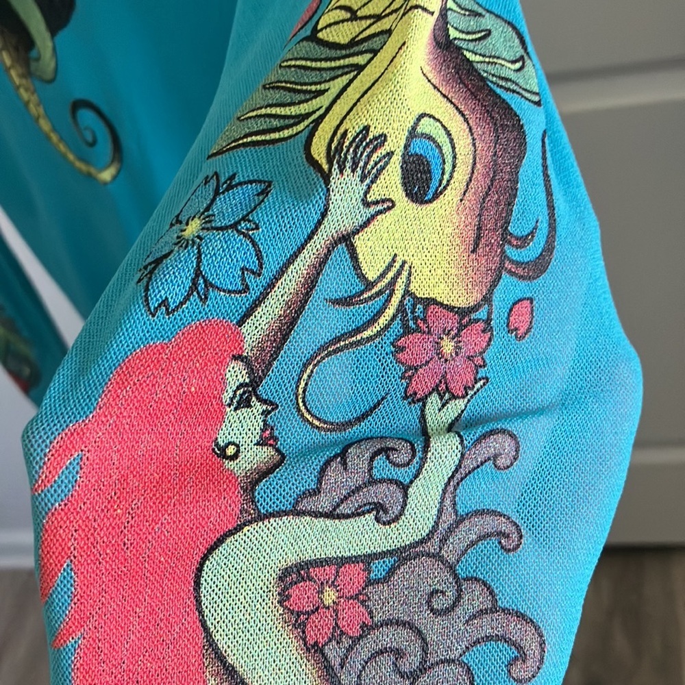 Vintage Y2K Thalia Sodi Mermaid Seahorse Art Top Mesh Back Sheer Beach runs Sm